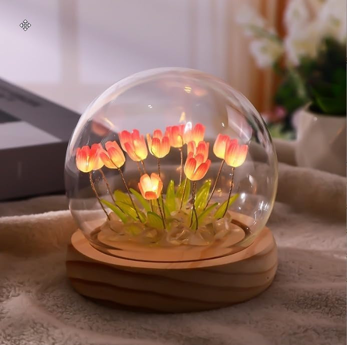 Tulip Flower Glass Dome LED Night Light – Romantic Crystal Ball Table
