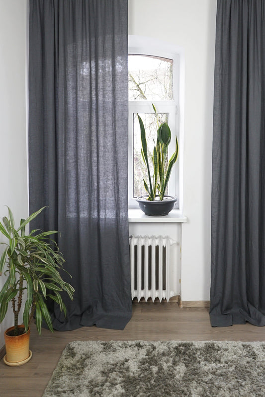 Asphalt Grey linen curtain with tabs