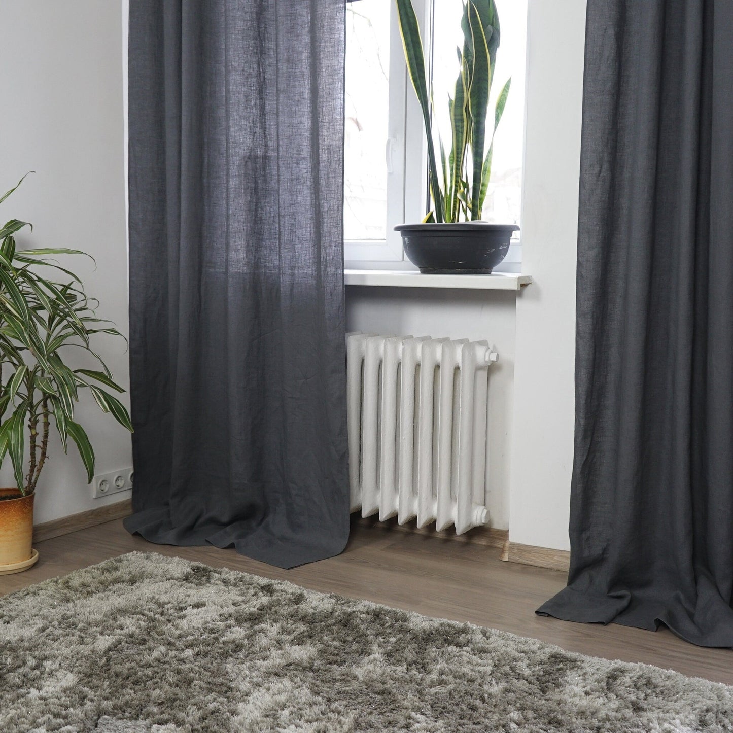 Asphalt Grey linen curtain with tabs