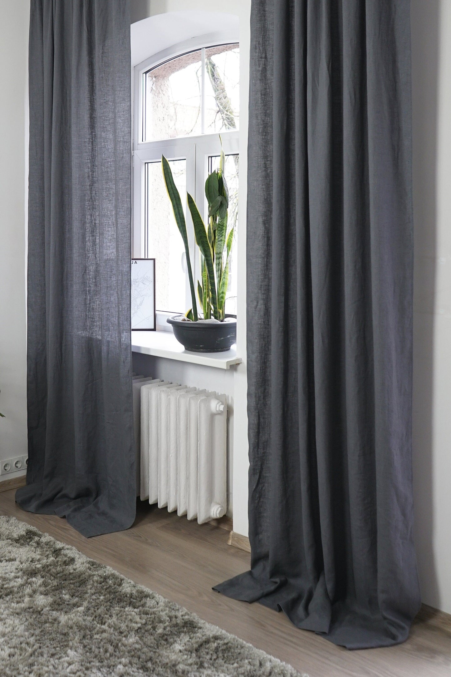 Asphalt Grey linen curtain with tabs
