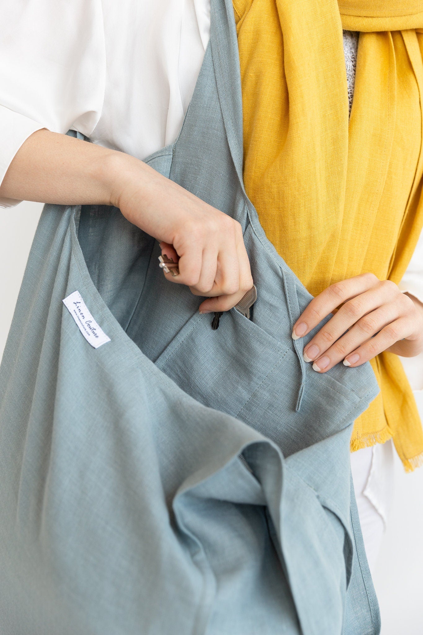 Greyish Mint linen tote bag with inside pocket