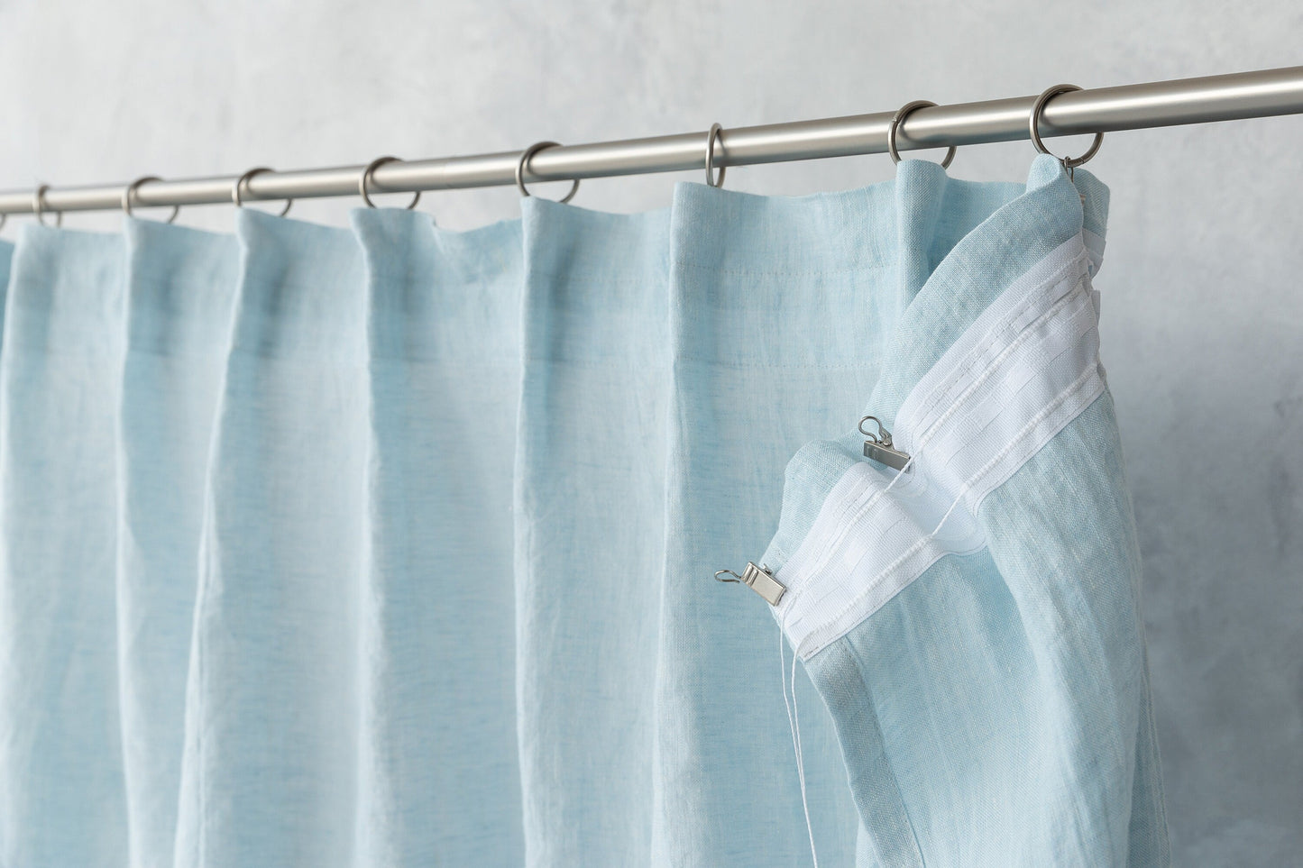 Baby Blue linen curtain with pleating tape and crown