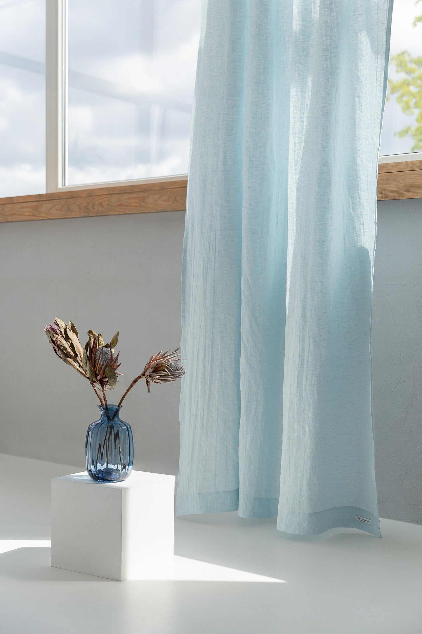 Baby Blue linen curtain with pleating tape and crown