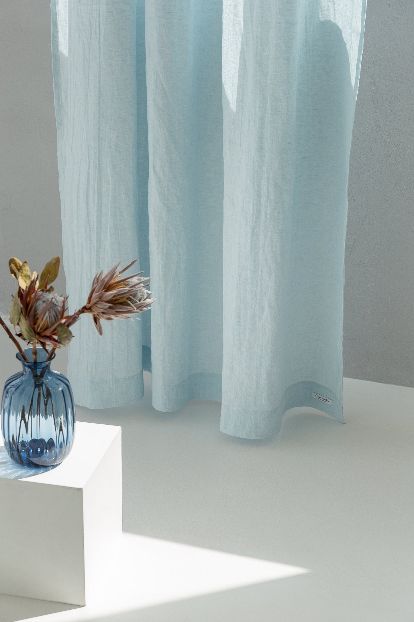 Baby Blue linen curtain with pleating tape and crown