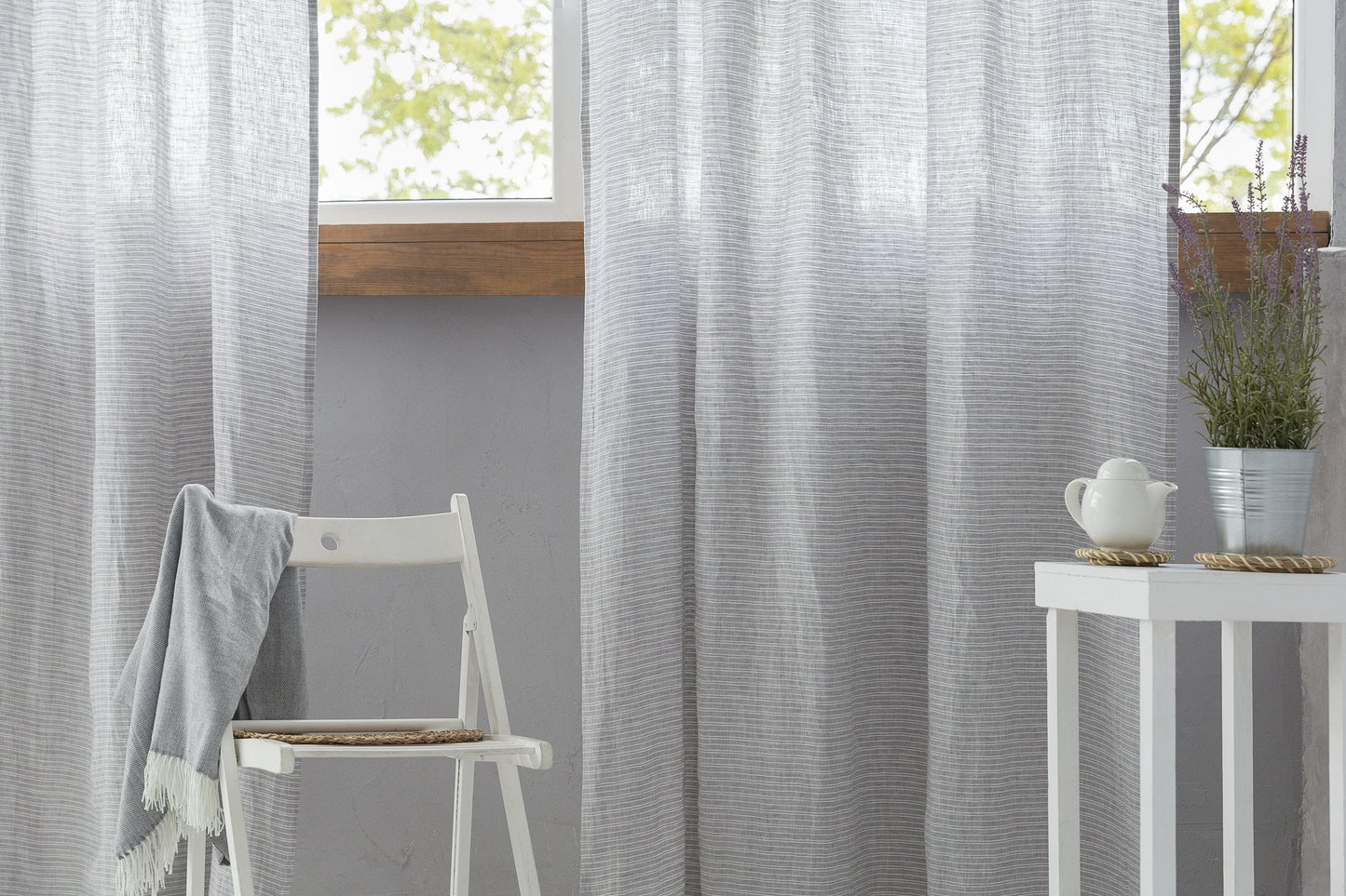 Cloudy Grey Stripe linen curtain with pleating tape and crown