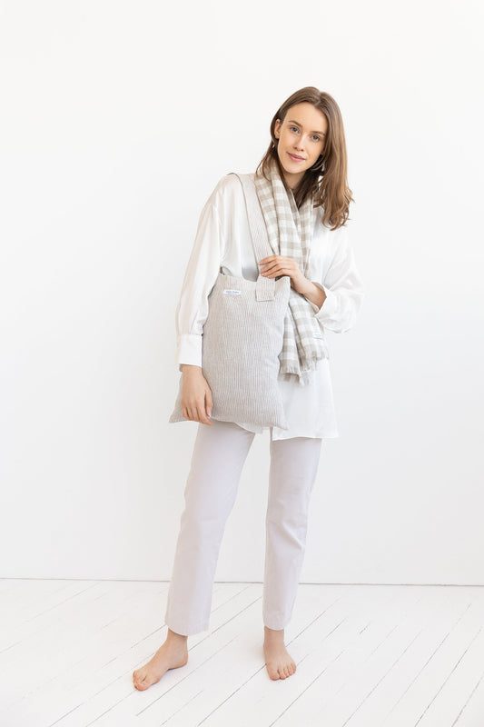 Striped Beige linen large tote bag