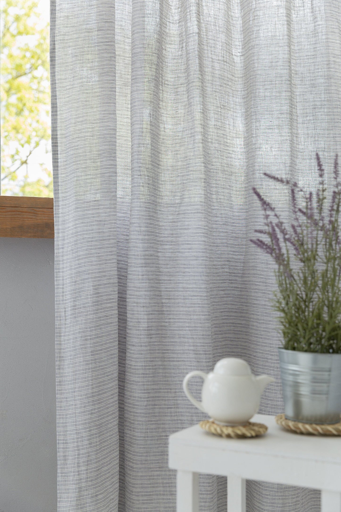 Cloudy Grey Stripe linen curtain with pleating tape and crown