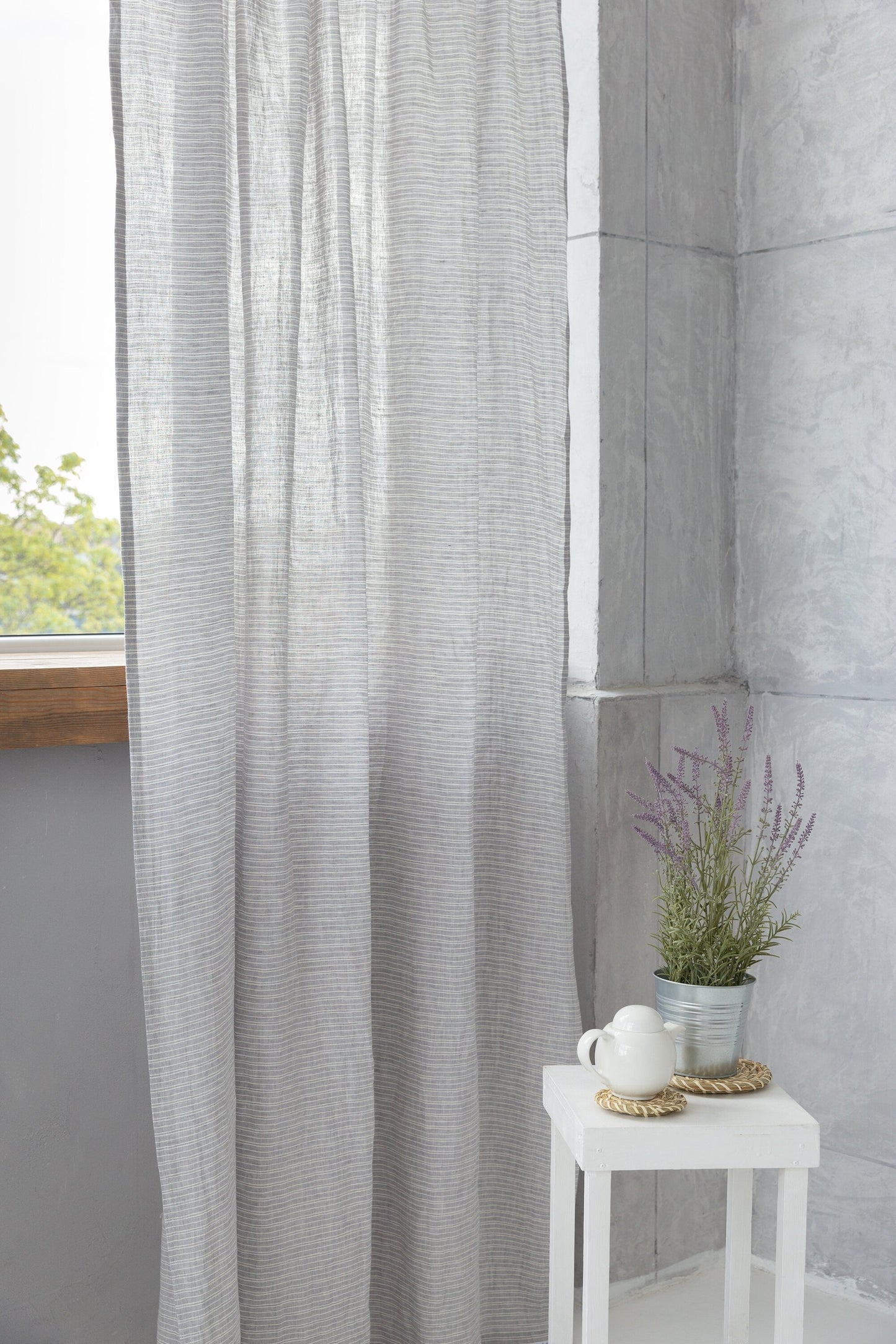 Cloudy Grey Stripe linen curtain with pleating tape and crown