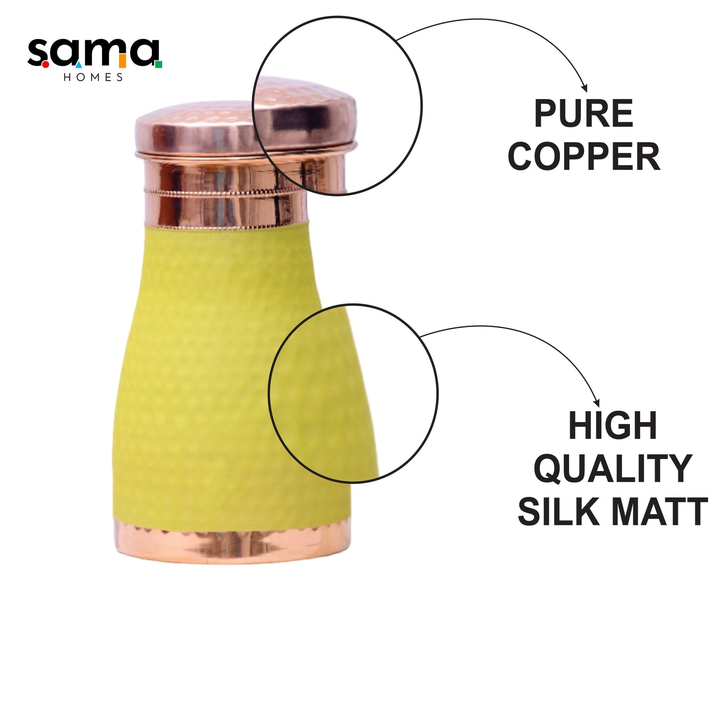Pure Copper Silk Yellow Bedside Jar with Inbuilt Glass Capacity 1000ML