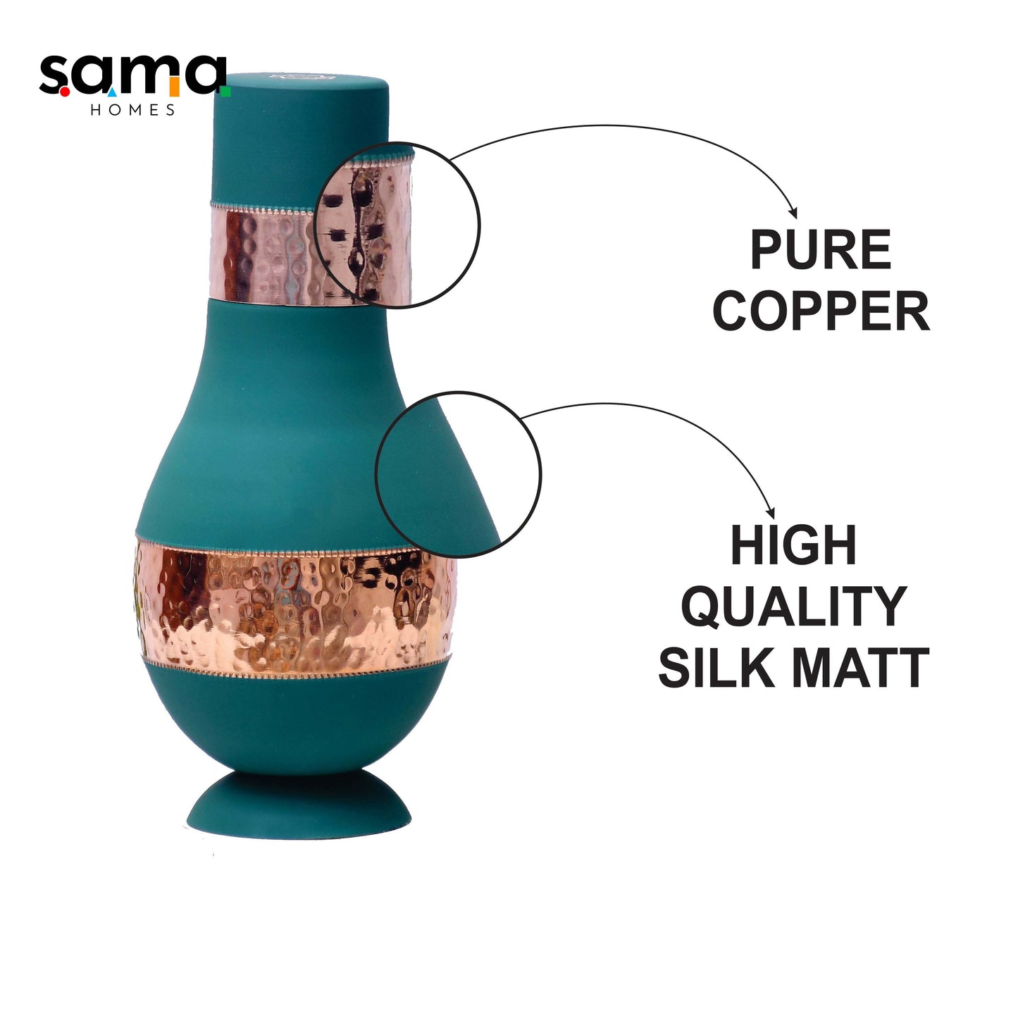 Pure Copper Silk Green Modern Surahi with Inbuilt Glass Capacity 1000