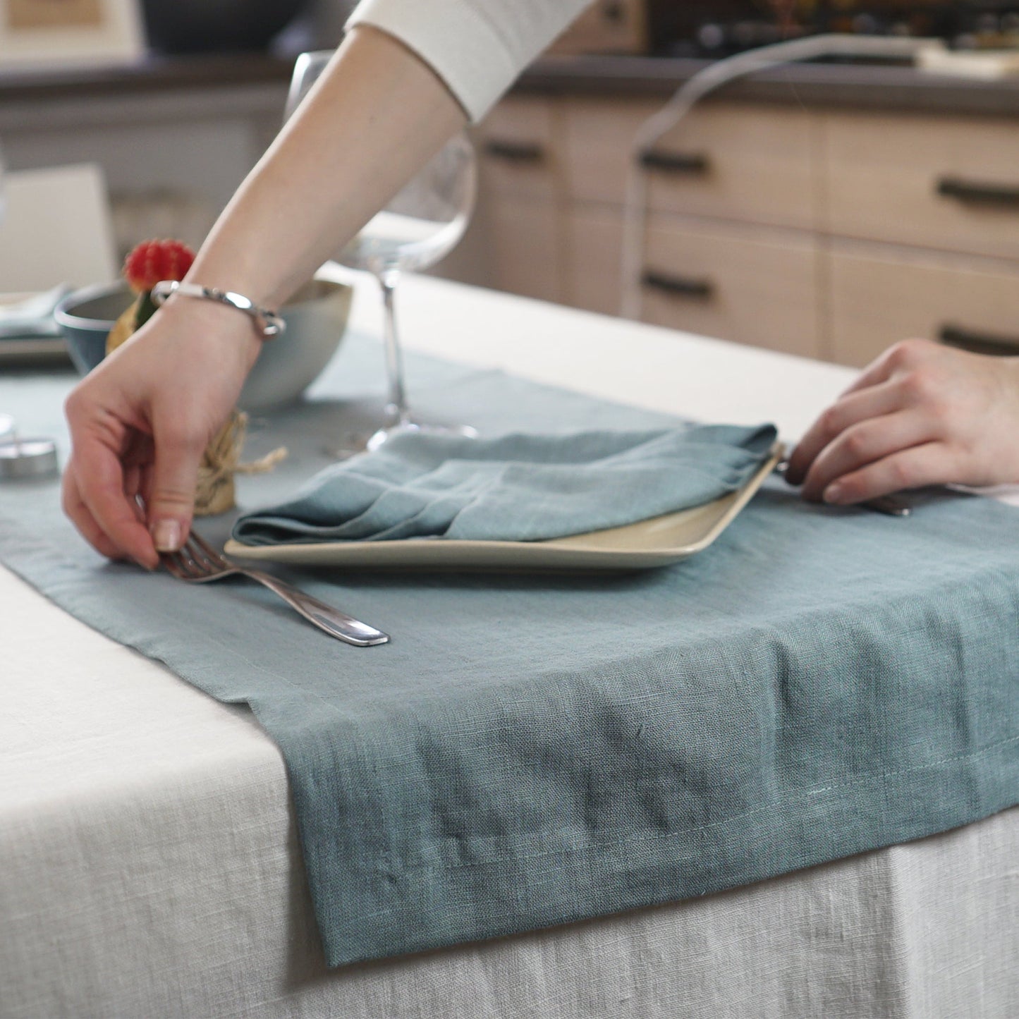 Greyish Mint linen table runner